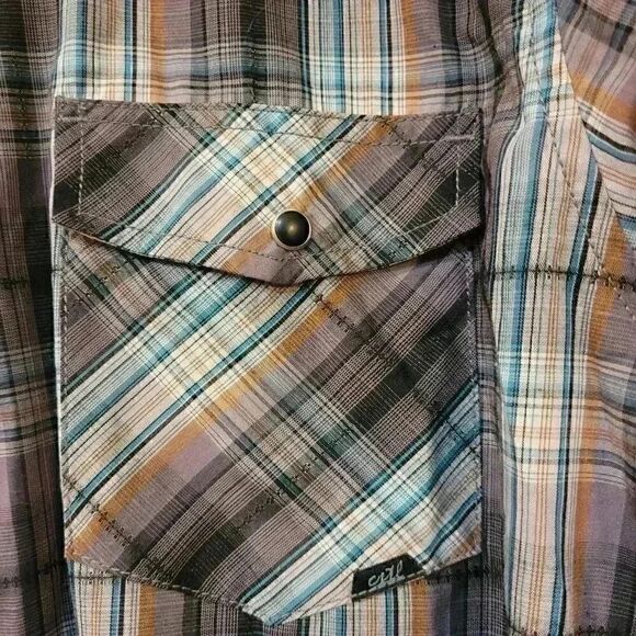 COASTAL MEN'S Black/Gray/White/Turquoise/Tan Plaid Cotton Blend Snap Front Shirt - Picture 5 of 11